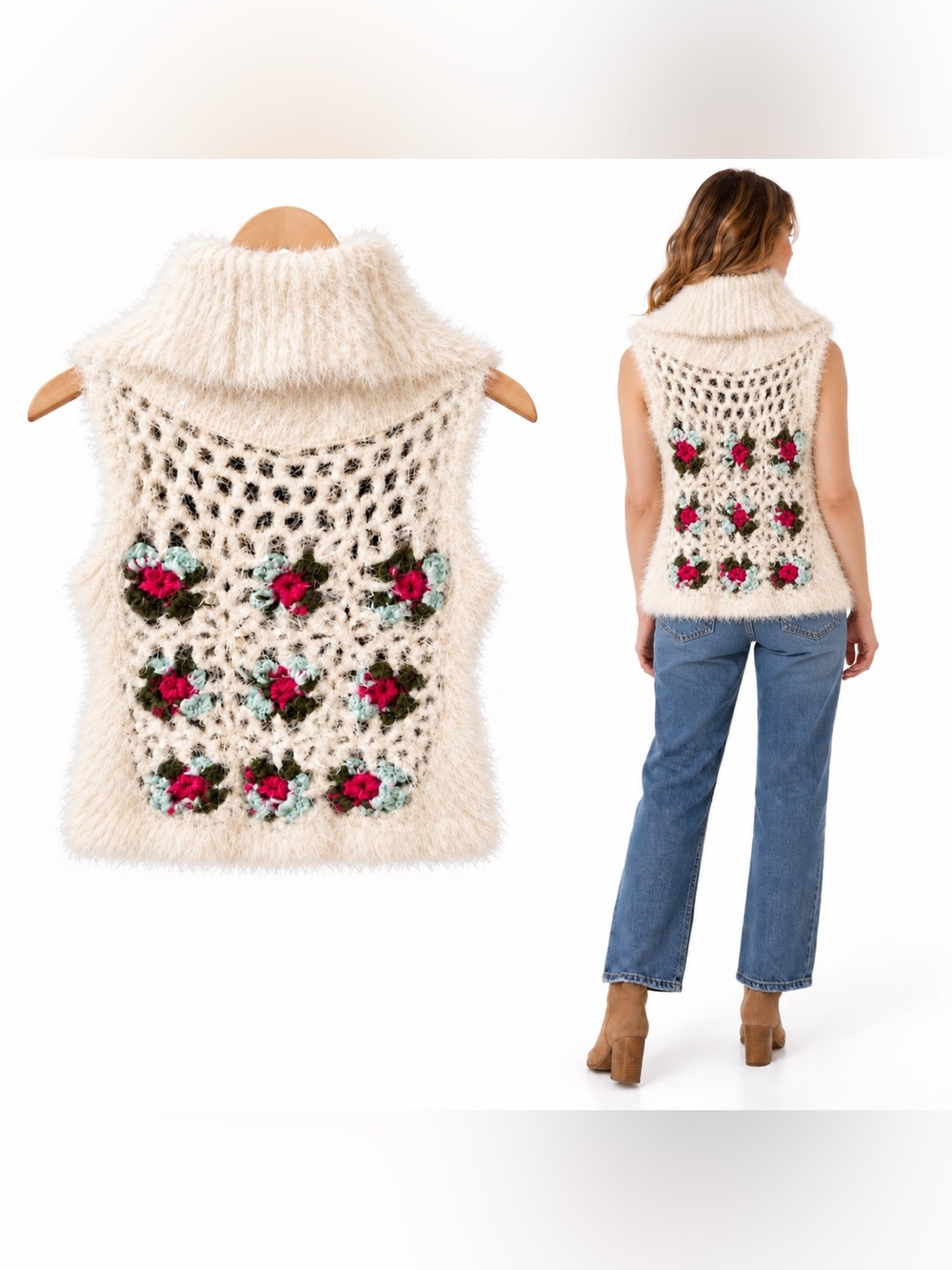 Ivory Fuzzy Floral Crochet Longline Vest Soft Angora-Like Feel